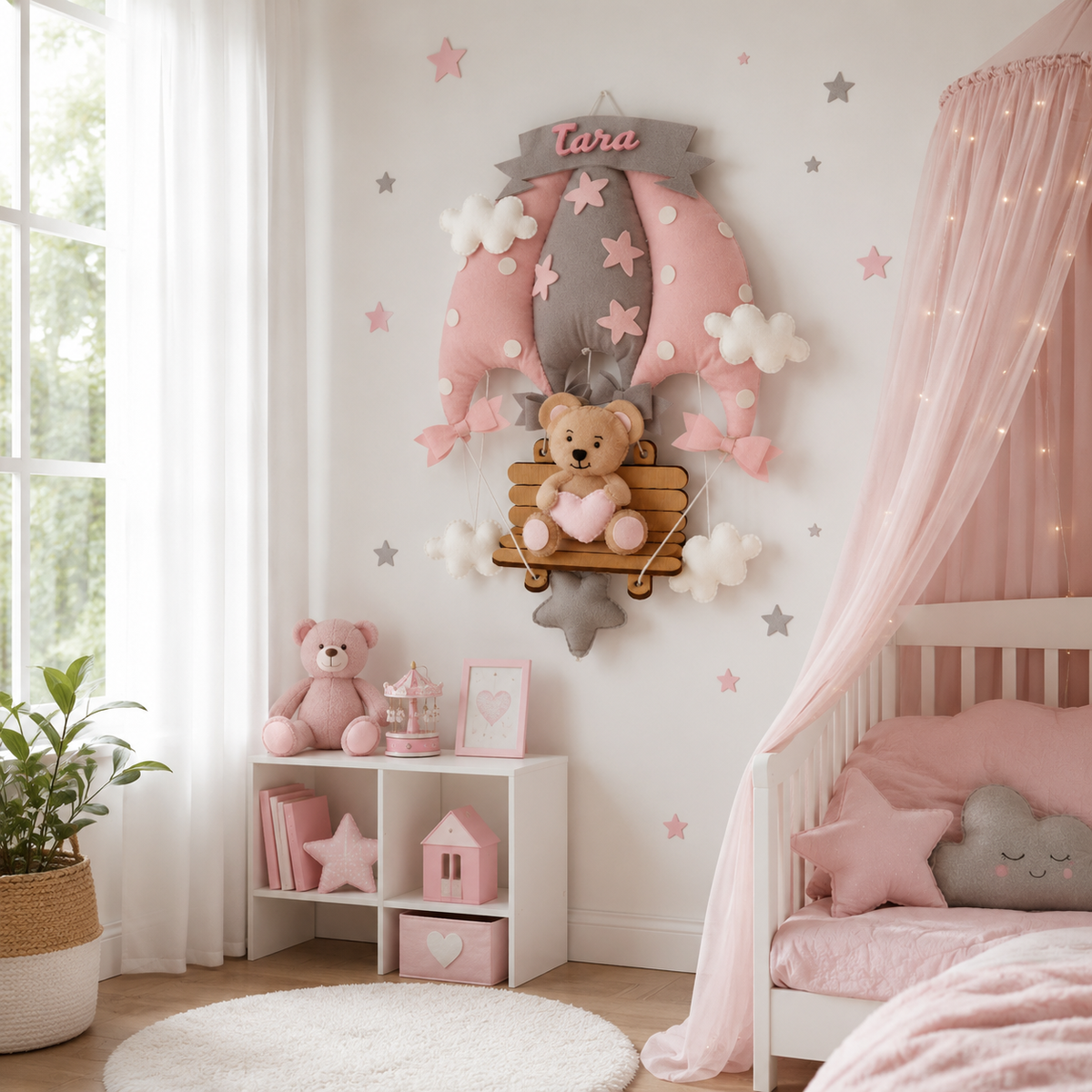 Babble Wrap Blush Pink Teddy On a Swing Name Hanging