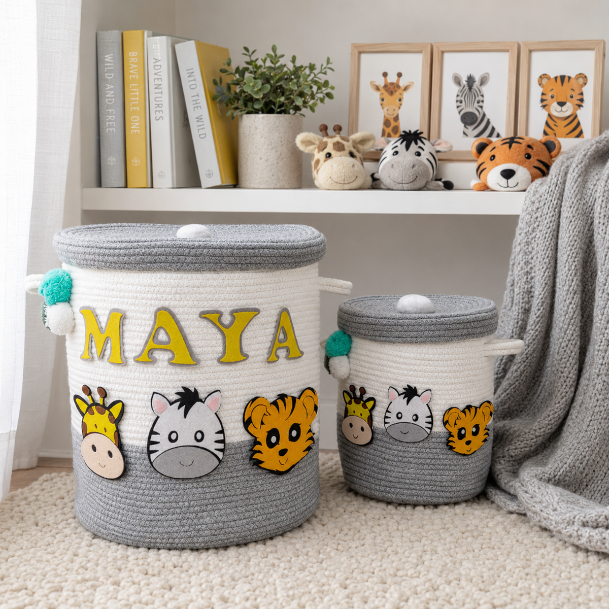 Babble Wrap Jute Cotton Storage Basket  with Lid - Smoky Safari