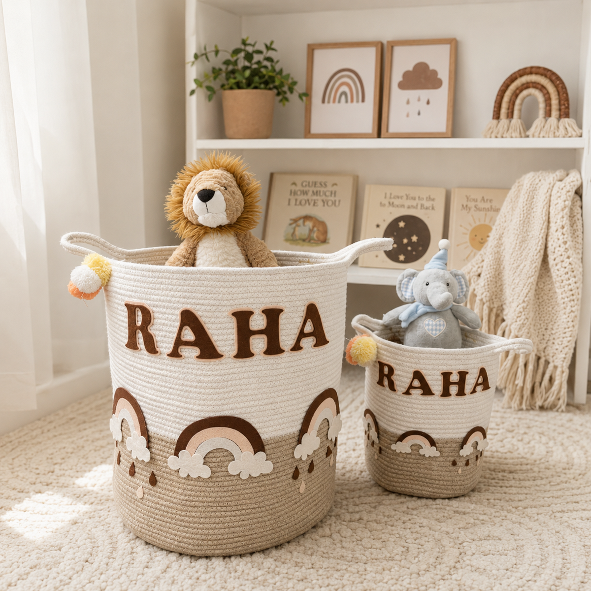 Babble Wrap Jute Cotton Storage Basket - Rainbow Raindrops