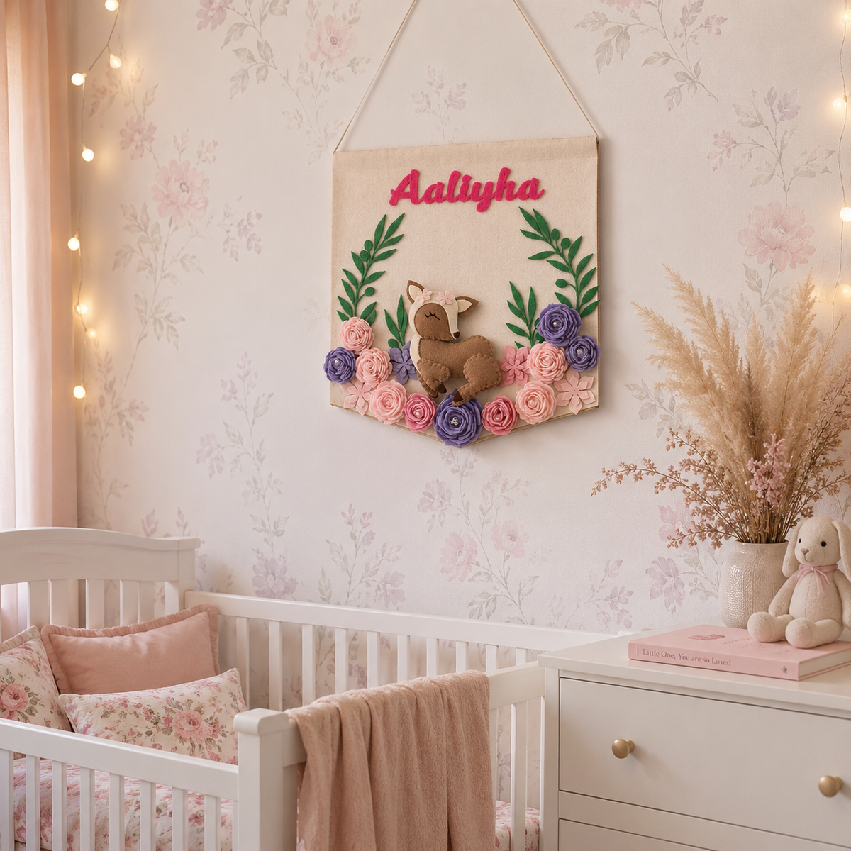 Babble Wrap Floral Fawn Name Hanging