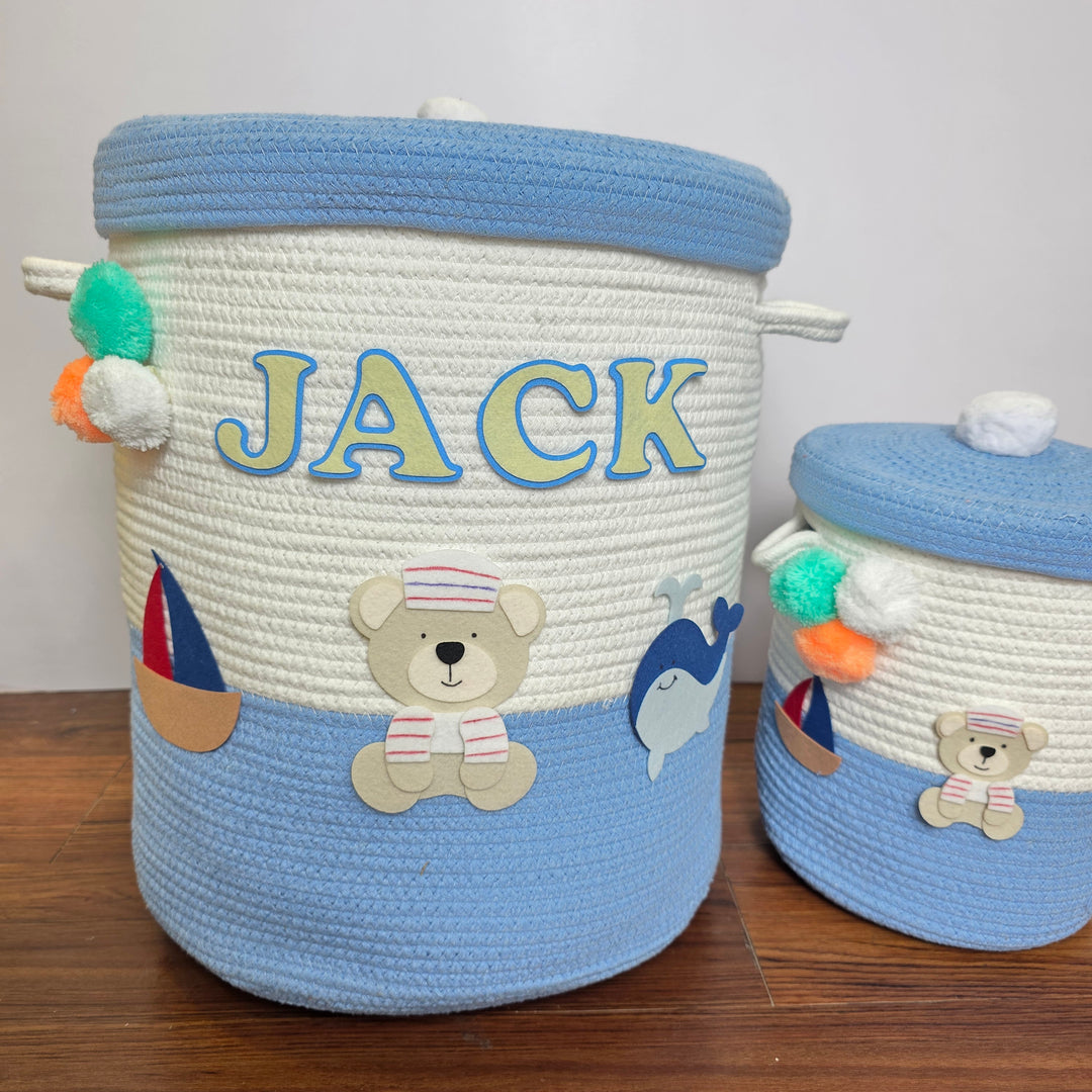 Babble Wrap Jute Cotton Storage Basket with Lid- Seaside Skies