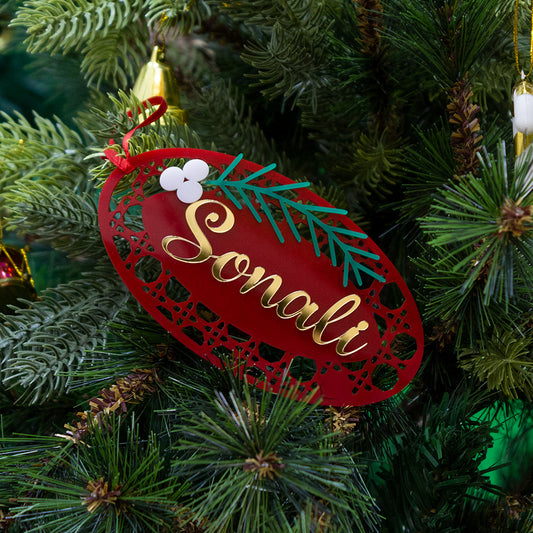Babble Wrap Pine Berry Rattan Tag Ornament- Red