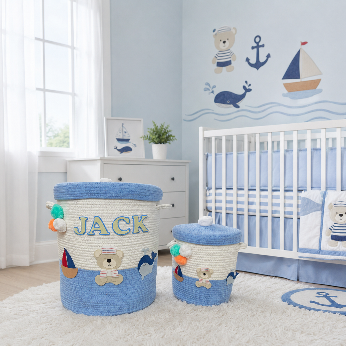 Babble Wrap Jute Cotton Storage Basket with Lid- Seaside Skies