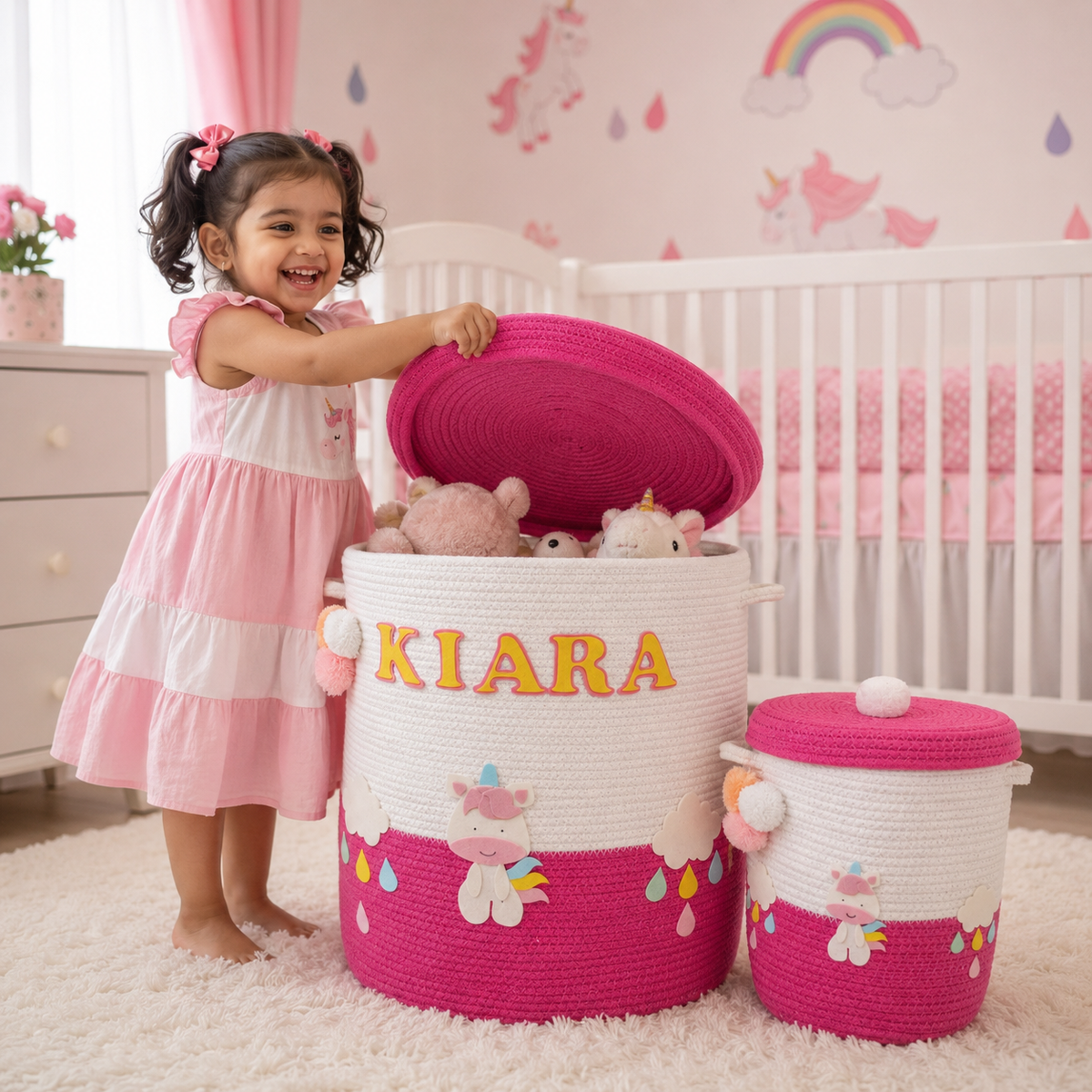 Babble Wrap Jute Cotton Storage Basket with Lid-Rainbow Unicorn Delight