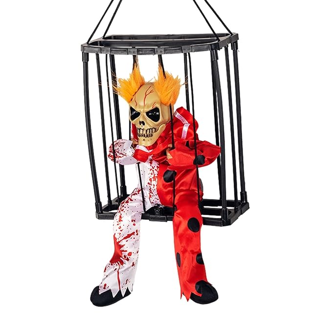 Animated Hanging Skeleton Cage – Bloody Clown