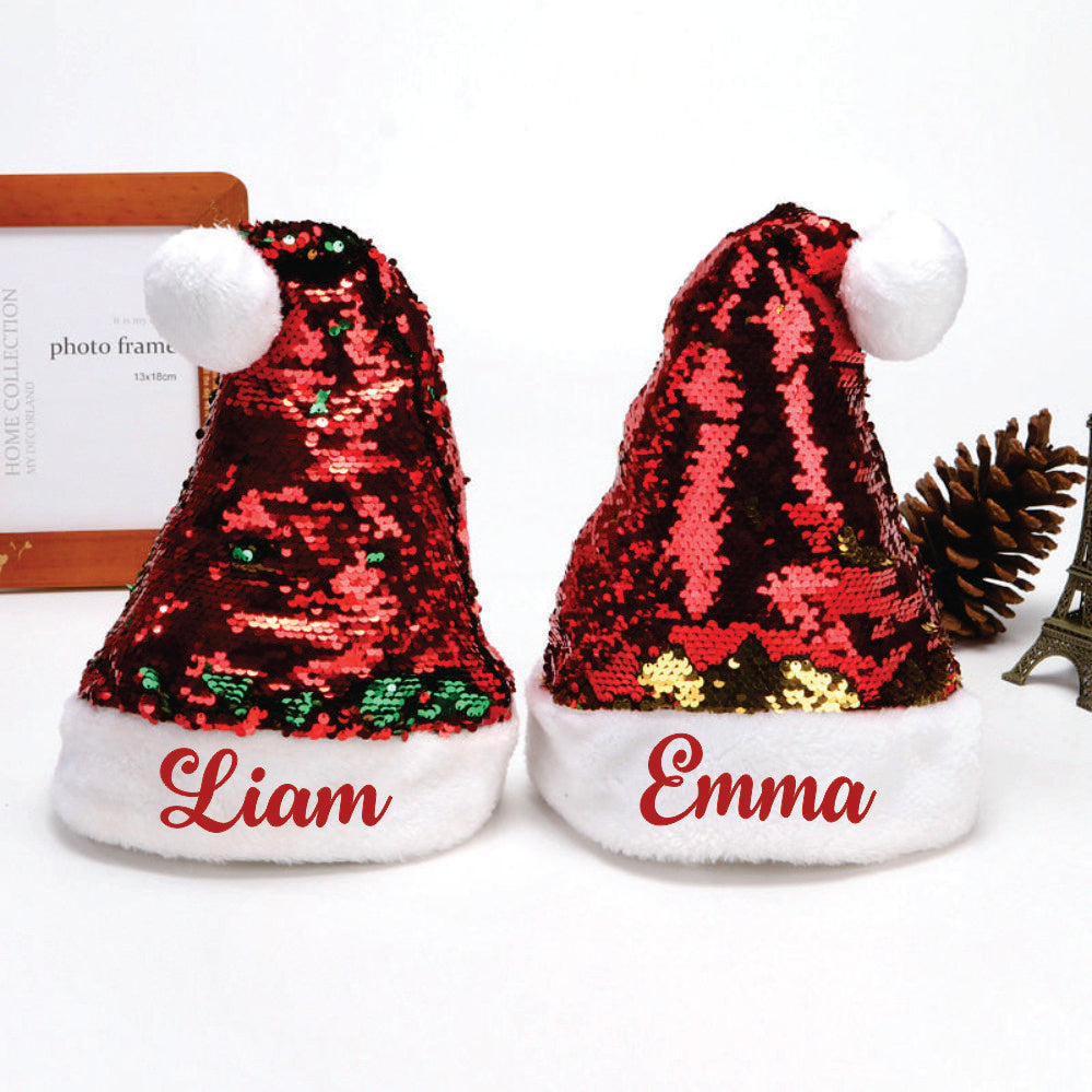 Babble Wrap Personalised Sequins Santa Caps -(Red And Gold)