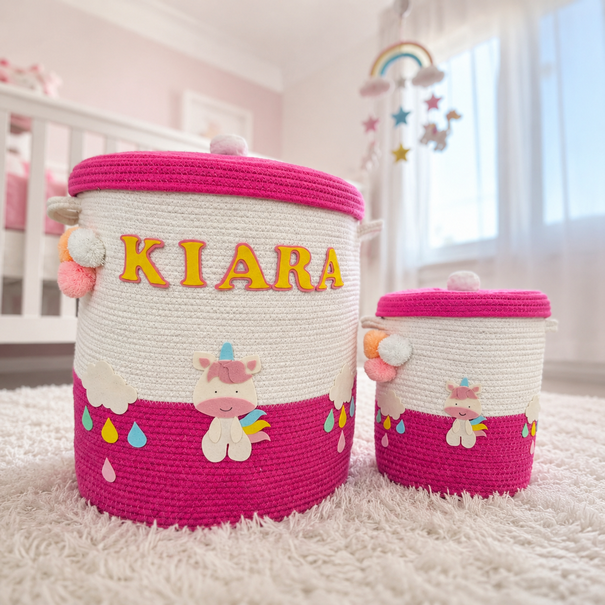 Babble Wrap Jute Cotton Storage Basket with Lid-Rainbow Unicorn Delight