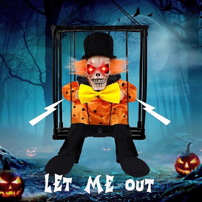 Animated Hanging Skeleton Cage – Evil Jester