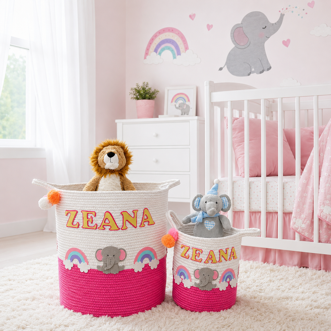 Babble Wrap Jute Cotton Storage Basket - Elephant’s Magical Rainbow
