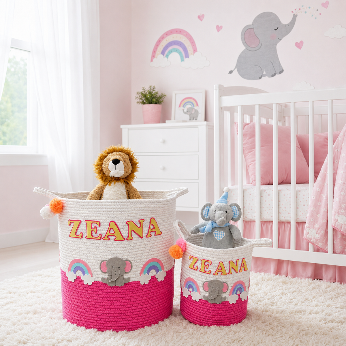 Babble Wrap Jute Cotton Storage Basket - Elephant’s Magical Rainbow
