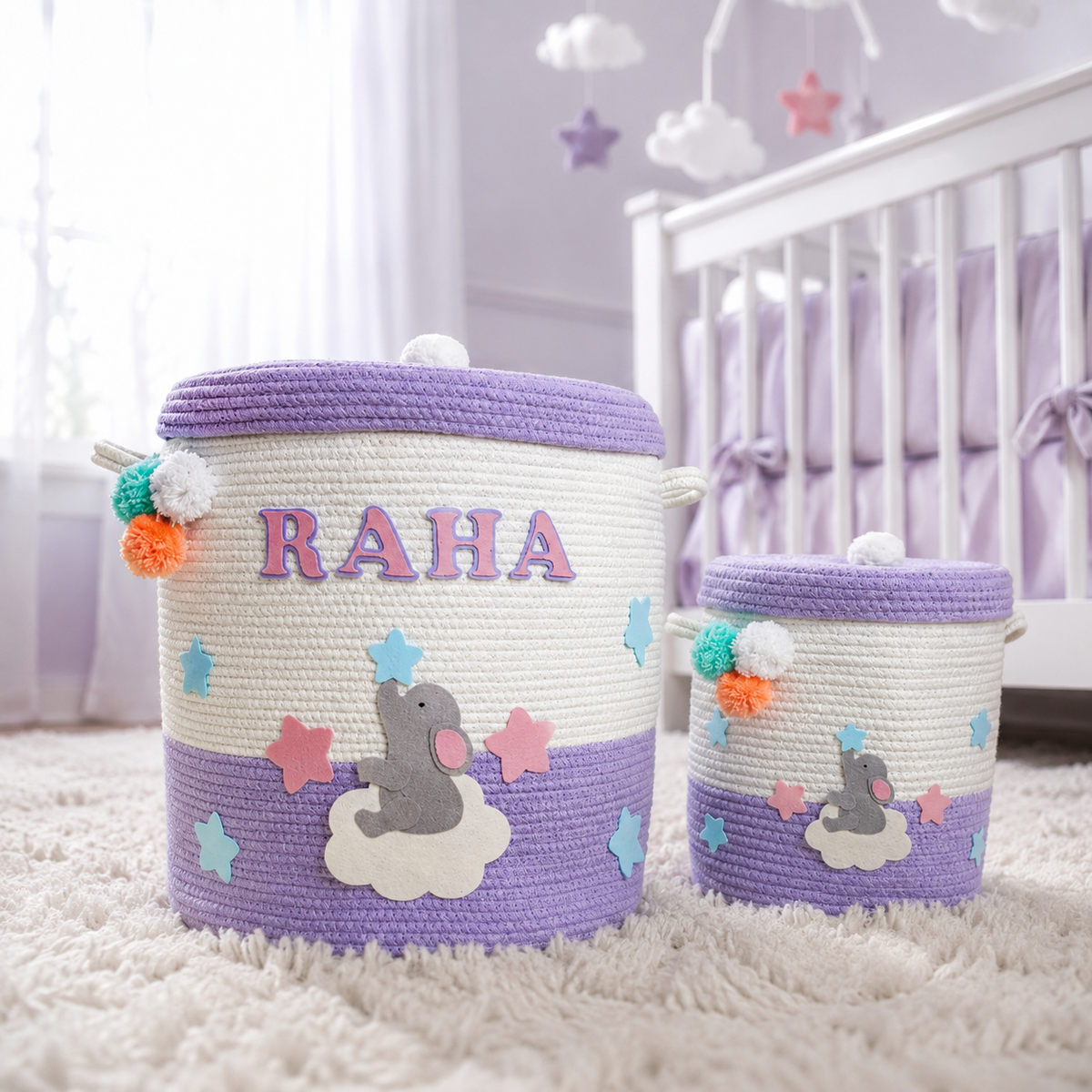 Babble Wrap Jute Cotton Storage Basket with Lid- Ellie on a cloud