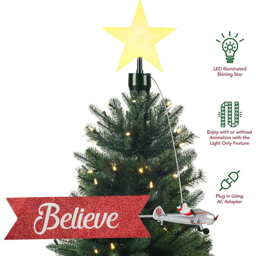 Animated Biplane Tree Topper with Banner