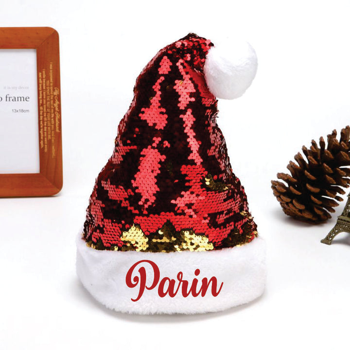 Babble Wrap Personalised Sequins Santa Caps -(Red And Gold)