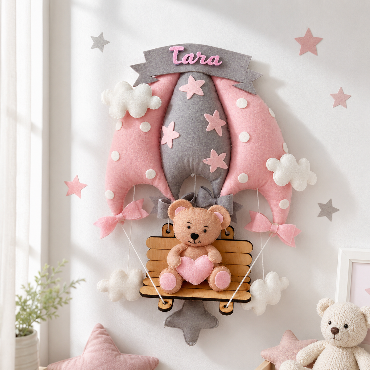 Babble Wrap Blush Pink Teddy On a Swing Name Hanging