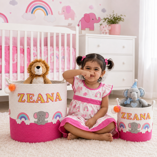 Babble Wrap Jute Cotton Storage Basket - Elephant’s Magical Rainbow