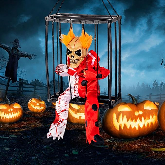 Animated Hanging Skeleton Cage – Bloody Clown