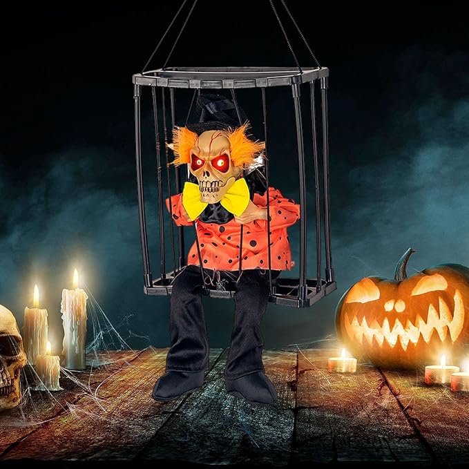 Animated Hanging Skeleton Cage – Evil Jester