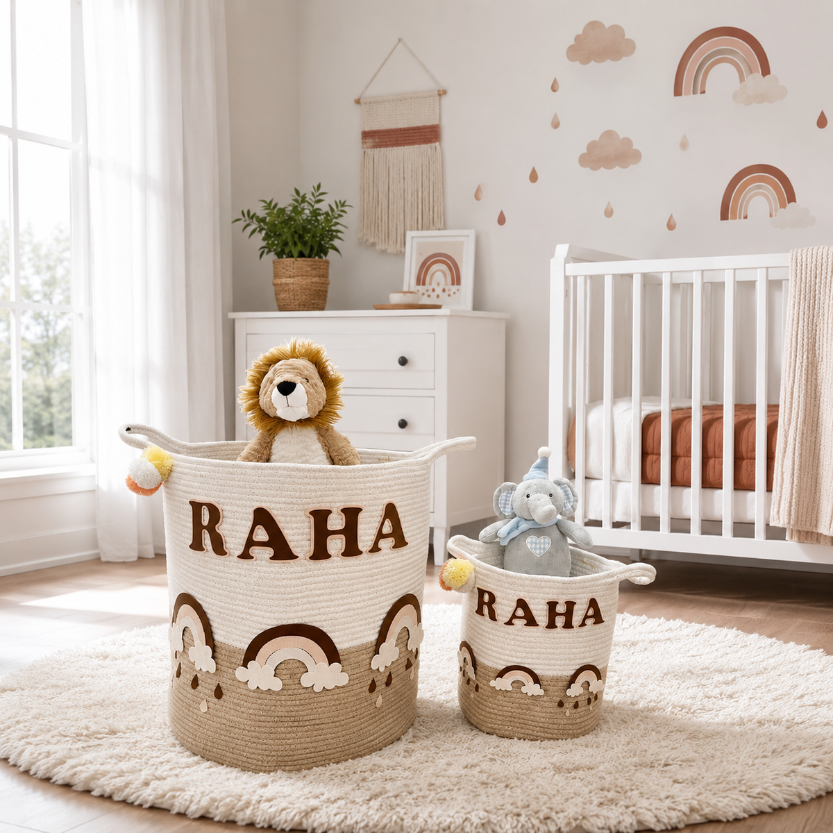 Babble Wrap Jute Cotton Storage Basket - Rainbow Raindrops