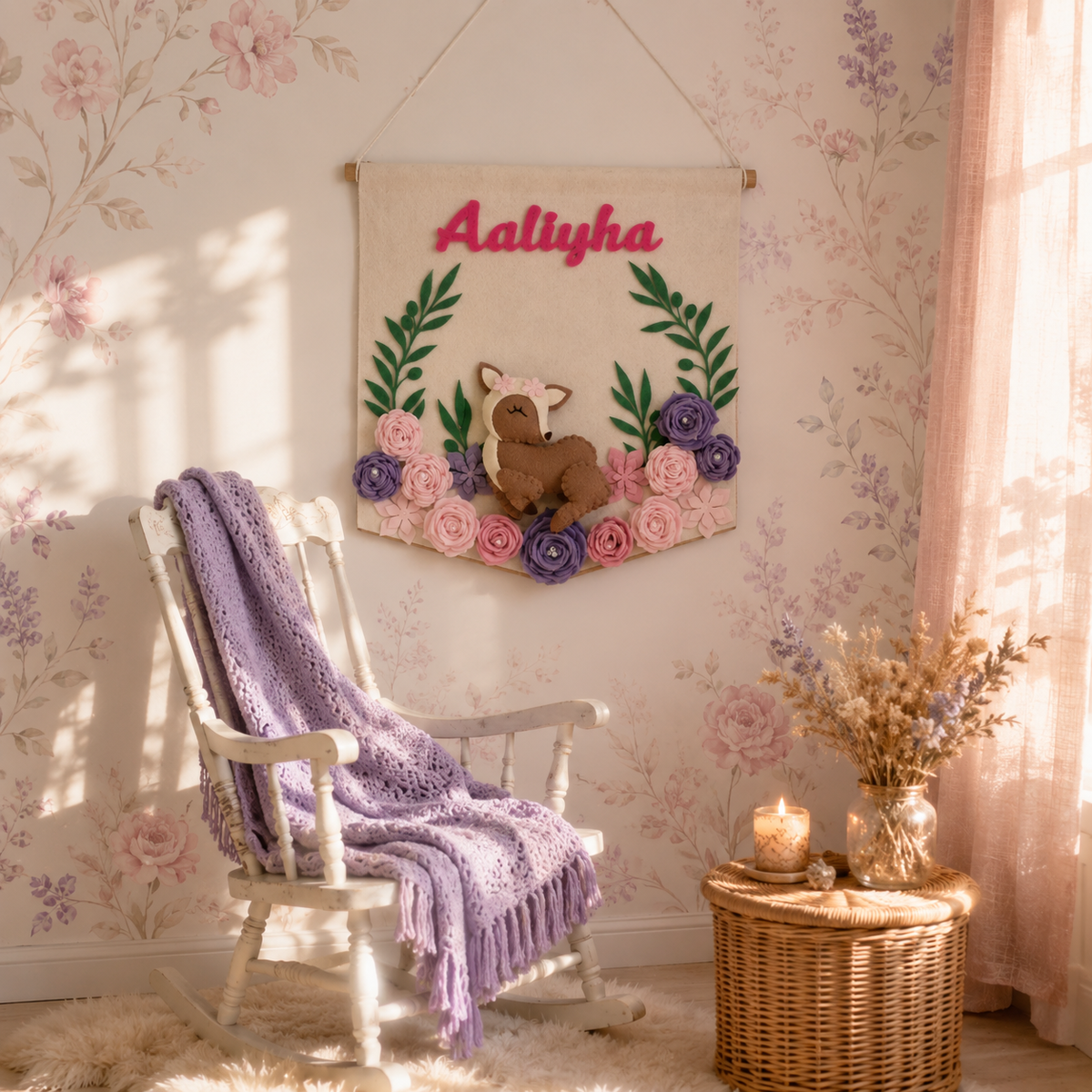 Babble Wrap Floral Fawn Name Hanging