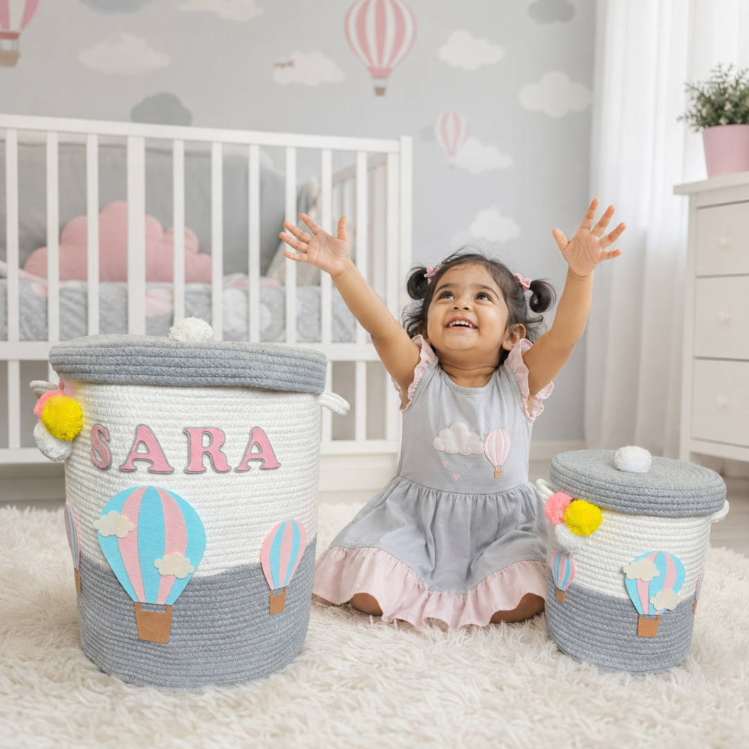 Babble Wrap Jute Cotton Storage Basket with Lid-Unicorn's Rainbow Flight