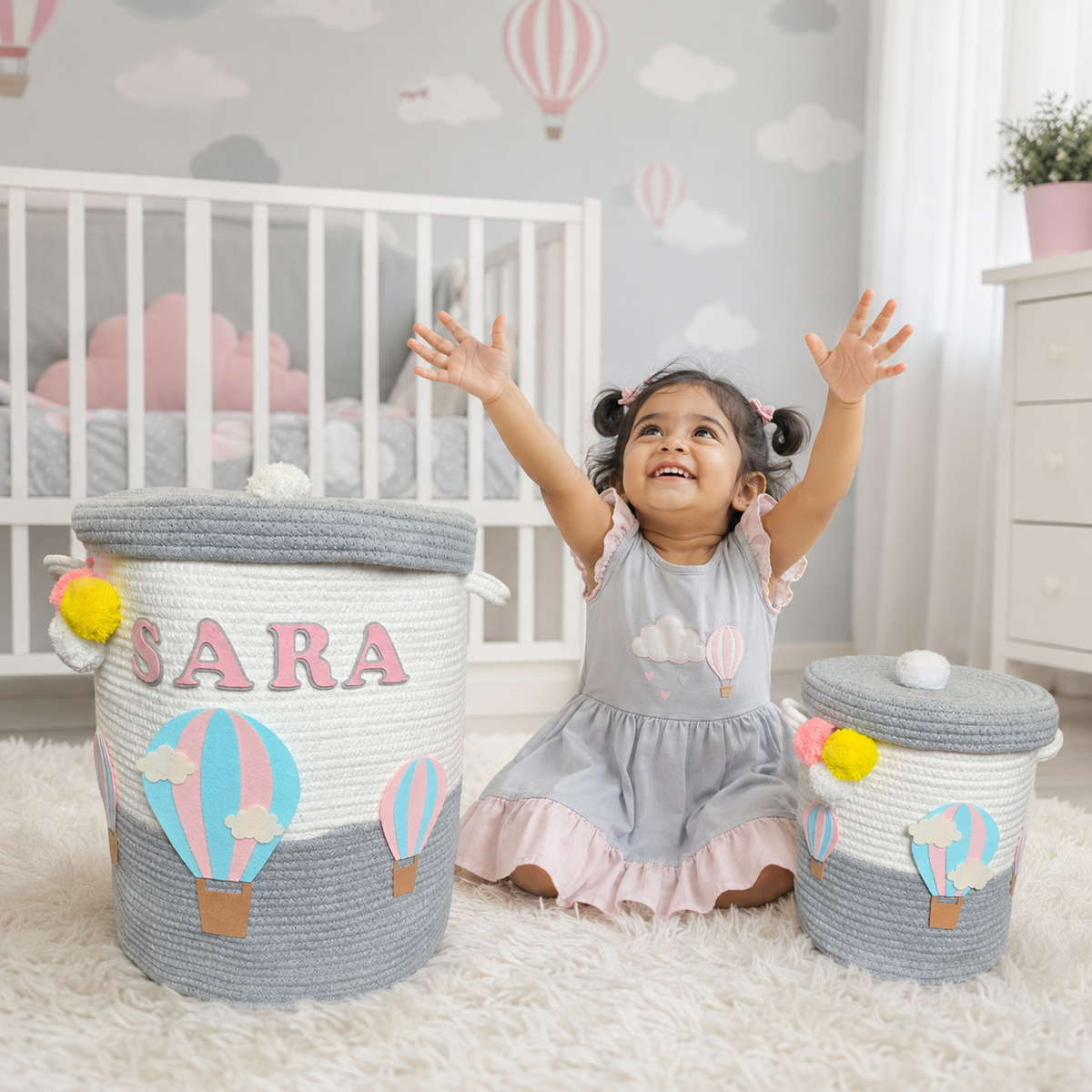 Babble Wrap Jute Cotton Storage Basket with Lid-Unicorn's Rainbow Flight