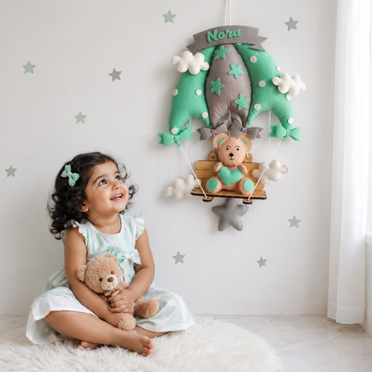 Babble Wrap Minty Green Teddy On a Swing Name Hanging