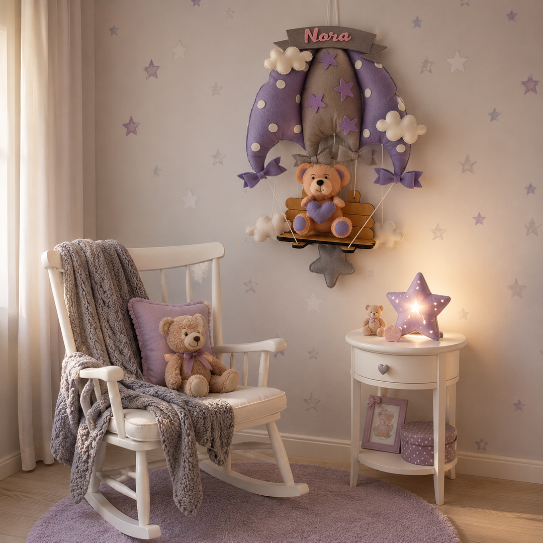 Babble Wrap Dreamy Lavender Teddy On a Swing Name Hanging