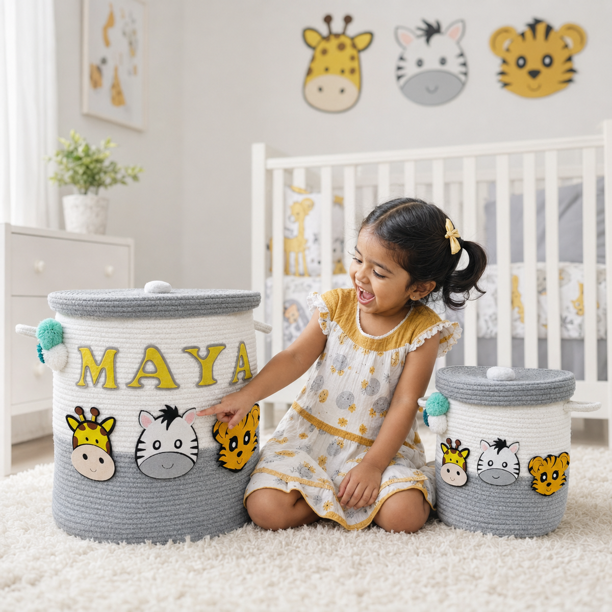 Babble Wrap Jute Cotton Storage Basket  with Lid - Smoky Safari