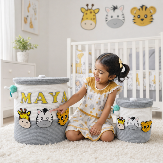 Babble Wrap Jute Cotton Storage Basket  with Lid - Smoky Safari
