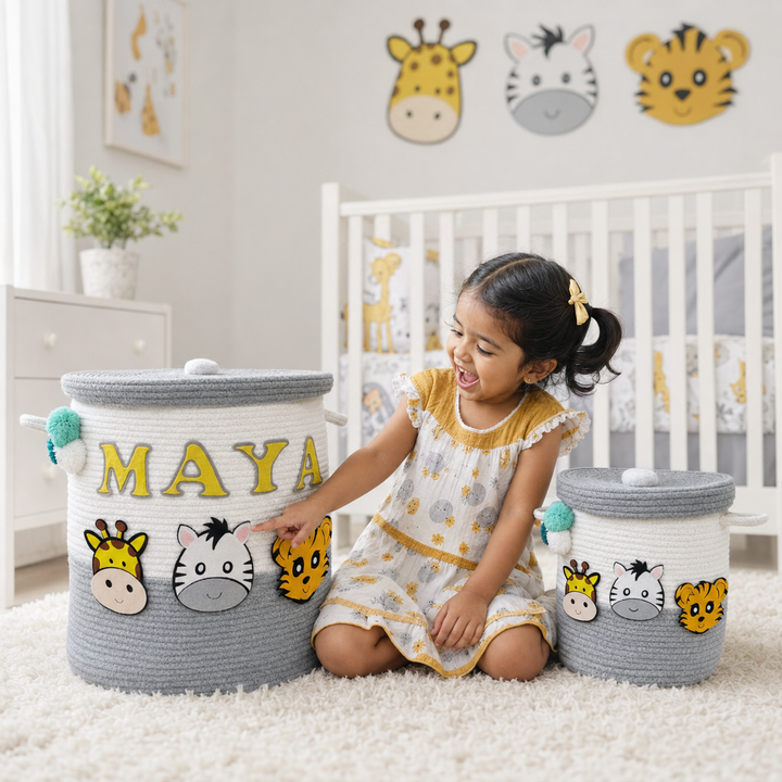 Babble Wrap Jute Cotton Storage Basket  with Lid - Smoky Safari