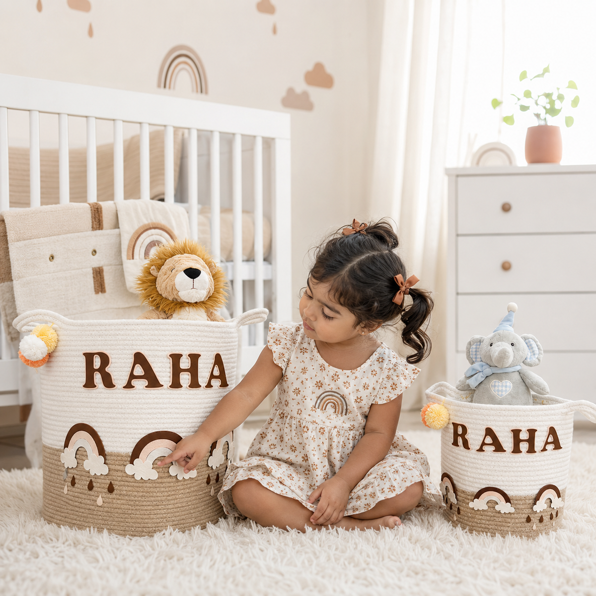 Babble Wrap Jute Cotton Storage Basket - Rainbow Raindrops