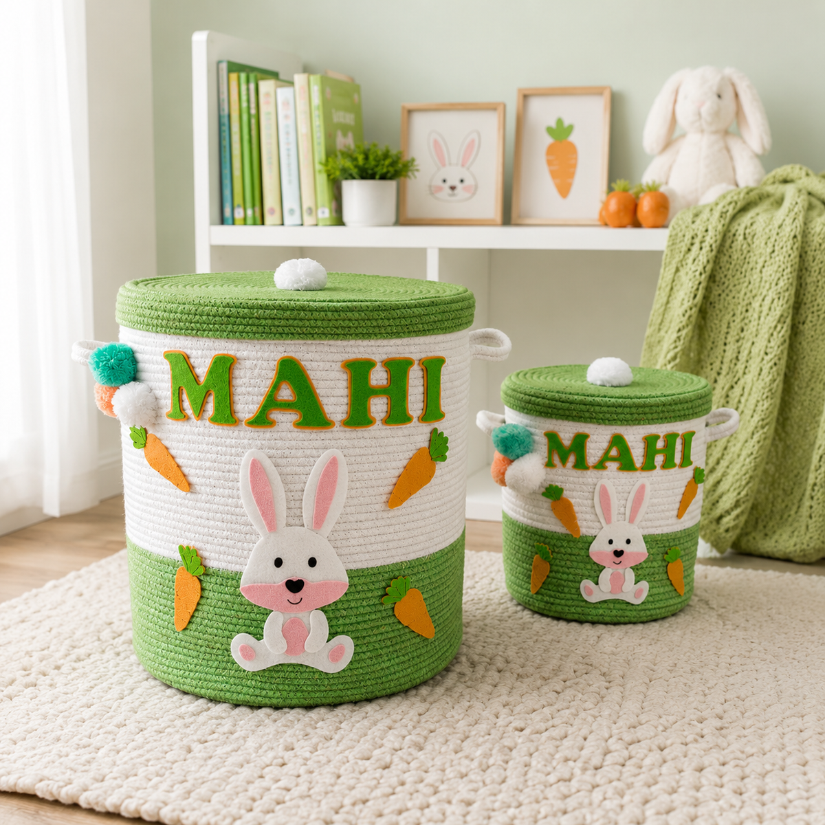 Babble Wrap Jute Cotton Storage Basket  with Lid -Bunny Bounty