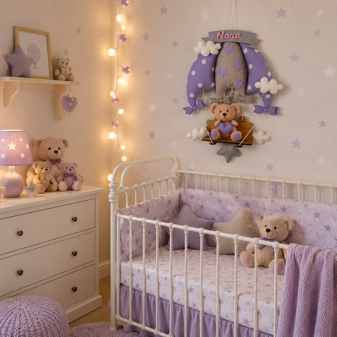 Babble Wrap Dreamy Lavender Teddy On a Swing Name Hanging