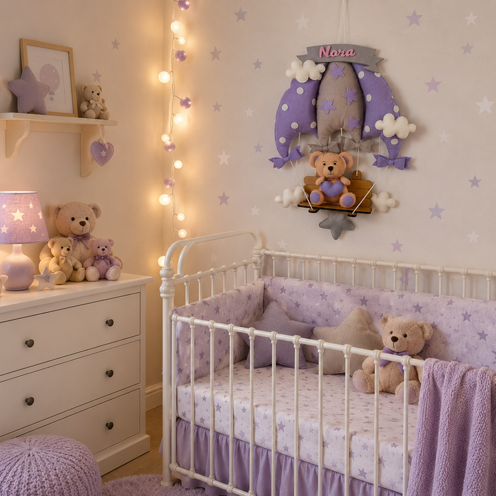 Babble Wrap Dreamy Lavender Teddy On a Swing Name Hanging