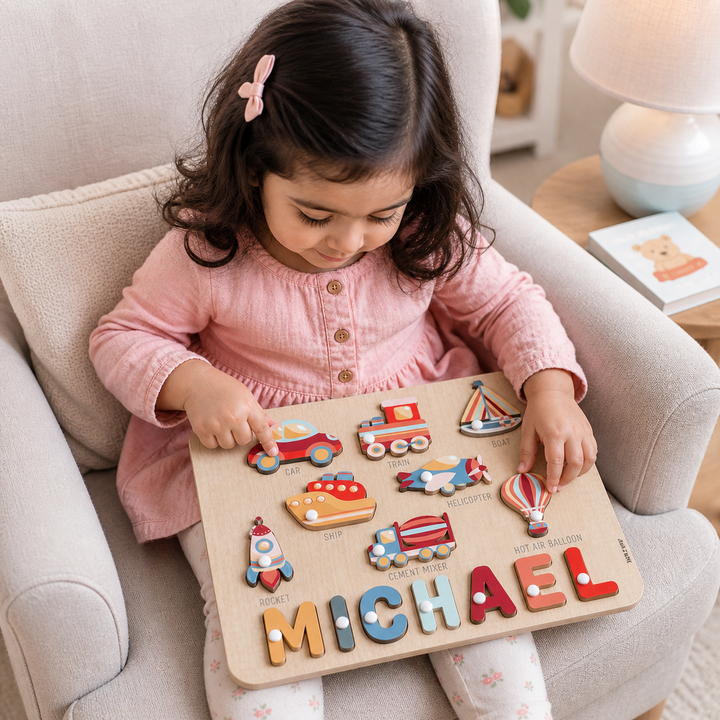 Personalised Wooden Name Puzzle- Transport