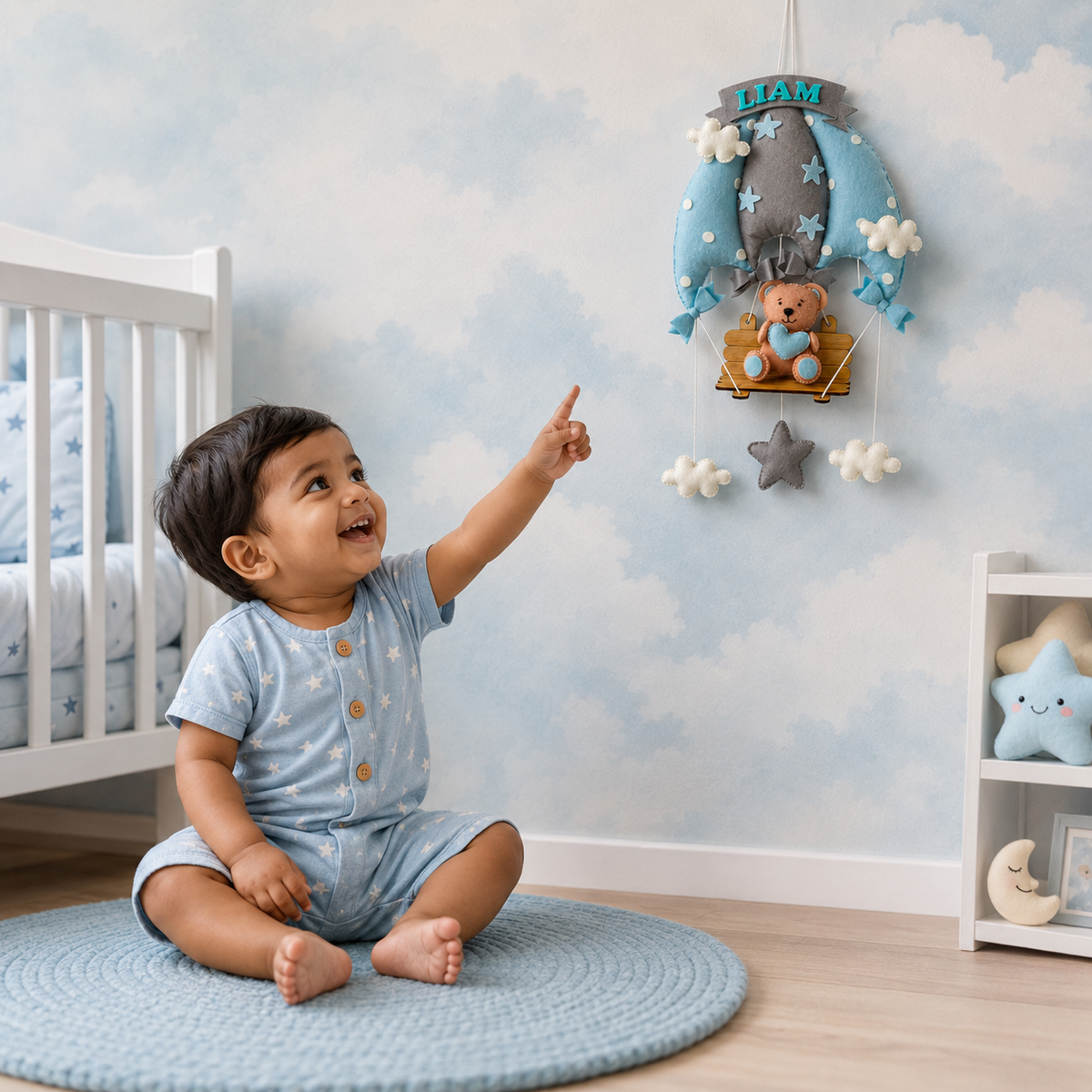 Babble Wrap Blue Teddy On a Swing Name Hanging