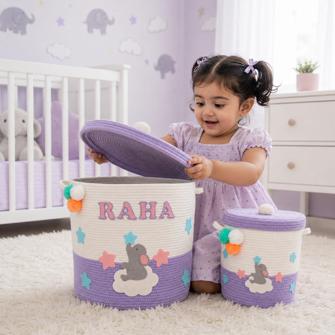 Babble Wrap Jute Cotton Storage Basket with Lid- Ellie on a cloud