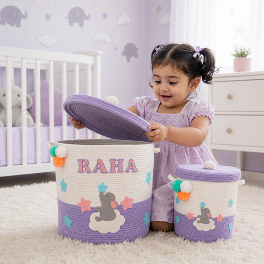 Babble Wrap Jute Cotton Storage Basket with Lid- Ellie on a cloud