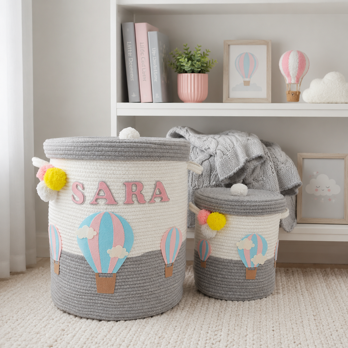 Babble Wrap Jute Cotton Storage Basket with Lid-Unicorn's Rainbow Flight