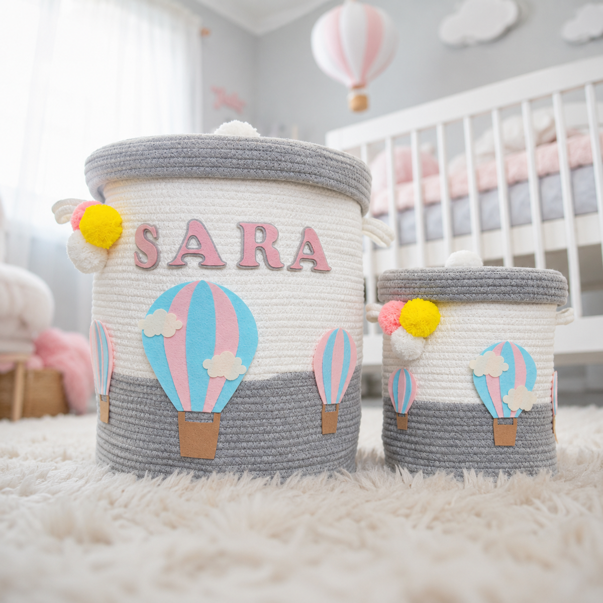 Babble Wrap Jute Cotton Storage Basket with Lid-Unicorn's Rainbow Flight