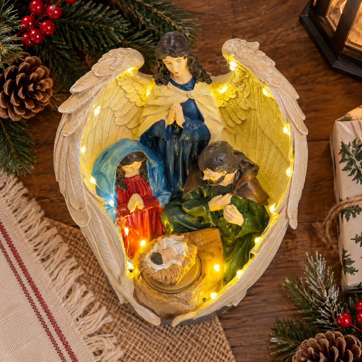 Angel Wings Light-Up Rotating Nativity Scene