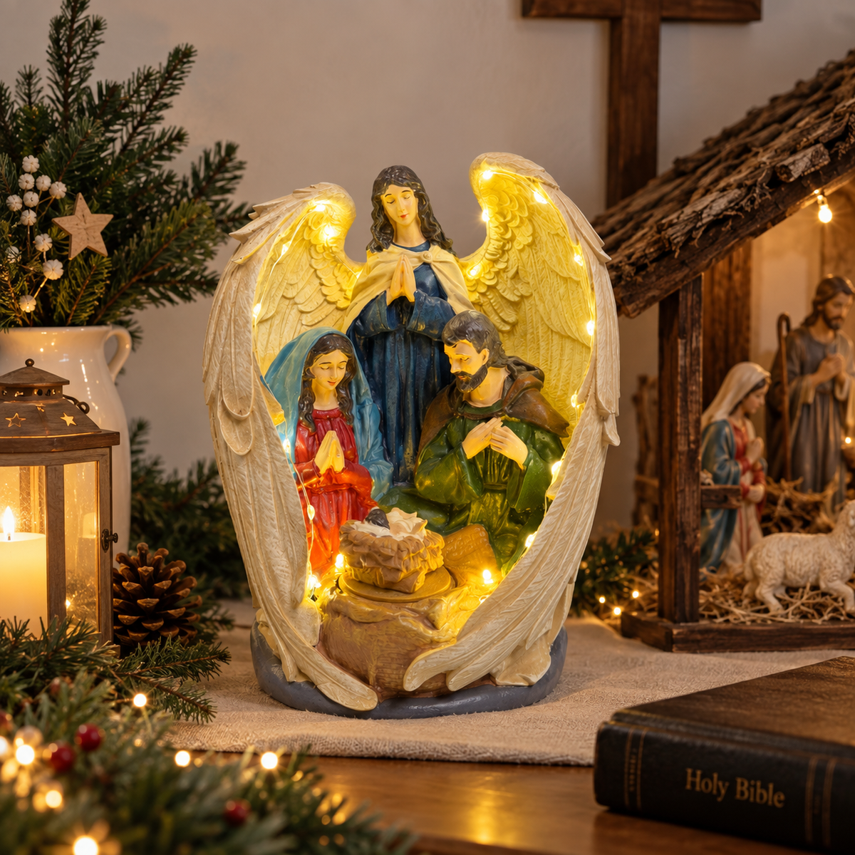 Angel Wings Light-Up Rotating Nativity Scene