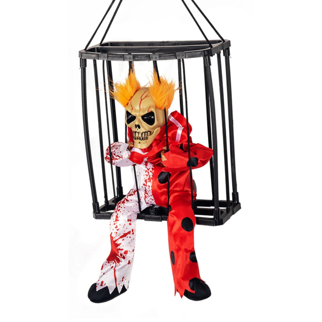 Animated Hanging Skeleton Cage – Bloody Clown