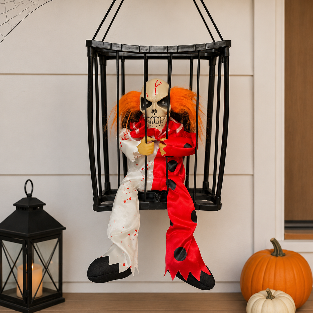Animated Hanging Skeleton Cage – Bloody Clown
