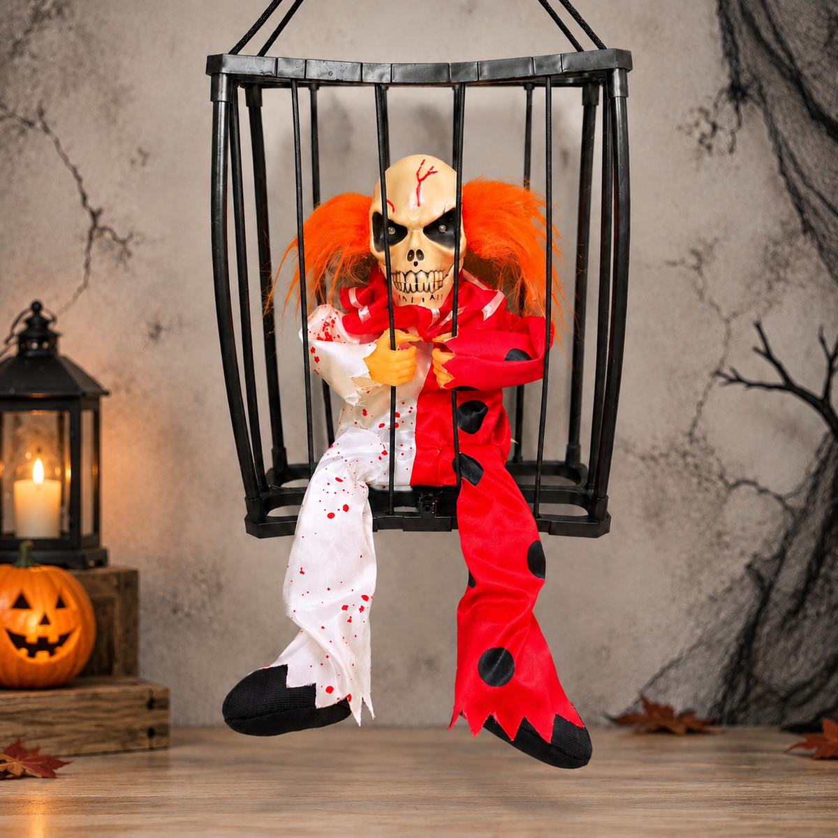 Animated Hanging Skeleton Cage – Bloody Clown