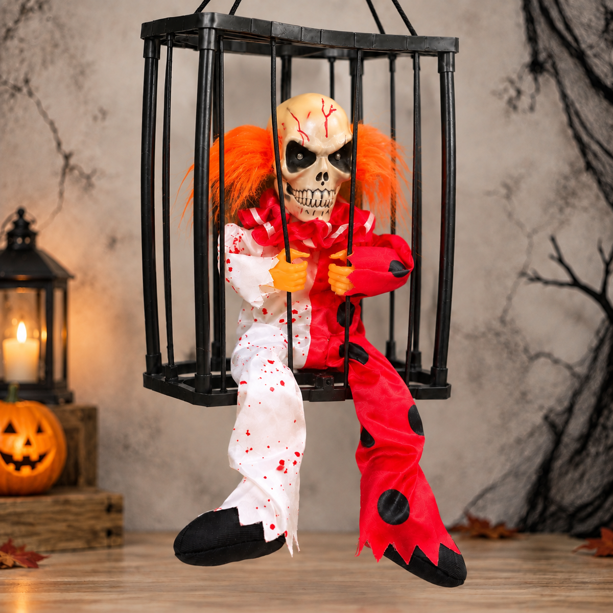 Animated Hanging Skeleton Cage – Bloody Clown