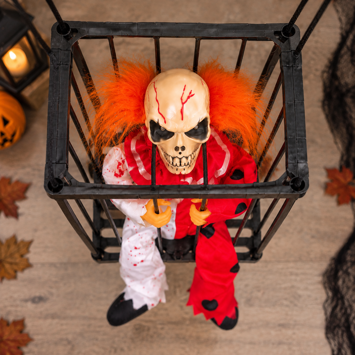 Animated Hanging Skeleton Cage – Bloody Clown
