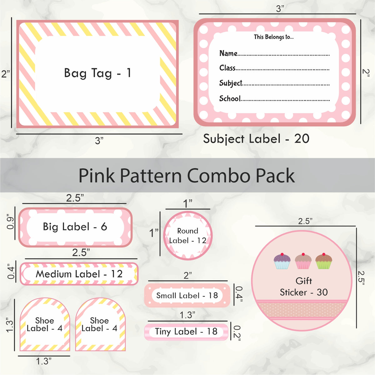 Assorted Pink Pattern Name labels Pack