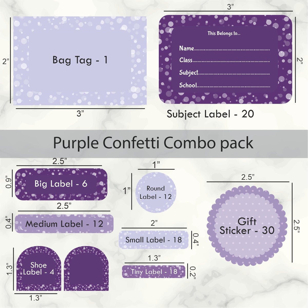 Assorted Purple Confetti Name labels Pack