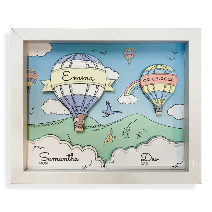 Shadow Box Frame with Silver Foil - Blue Hot Air Balloon